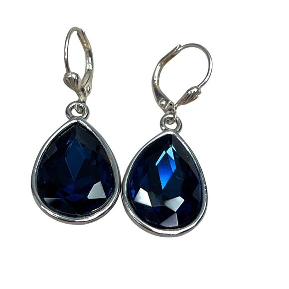 Blue Stone Teardrop Dangle Earrings Silver Tone Sparkly Prom Bridesmaid Faceted - Picture 3 of 6
